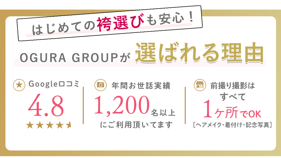 はじめての袴選びも安心。OGURAグループが選ばれる理由。google口コミ4.8。年間お世話実績4200名以上。前撮り撮影はすべて1か所でOK。
